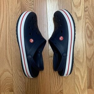 Navy with Cream and Red Stripe‎ Croc Mules